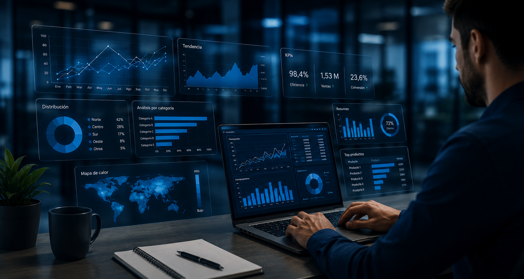 Dashboards, reportes automáticos, pipelines ETL y atribución multicanal. Tus datos convertidos en decisiones.