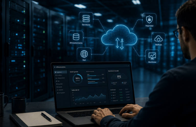 Servidores Linux, Docker, cloud híbrido y alta disponibilidad. Infraestructura para sistemas que no pueden caerse.