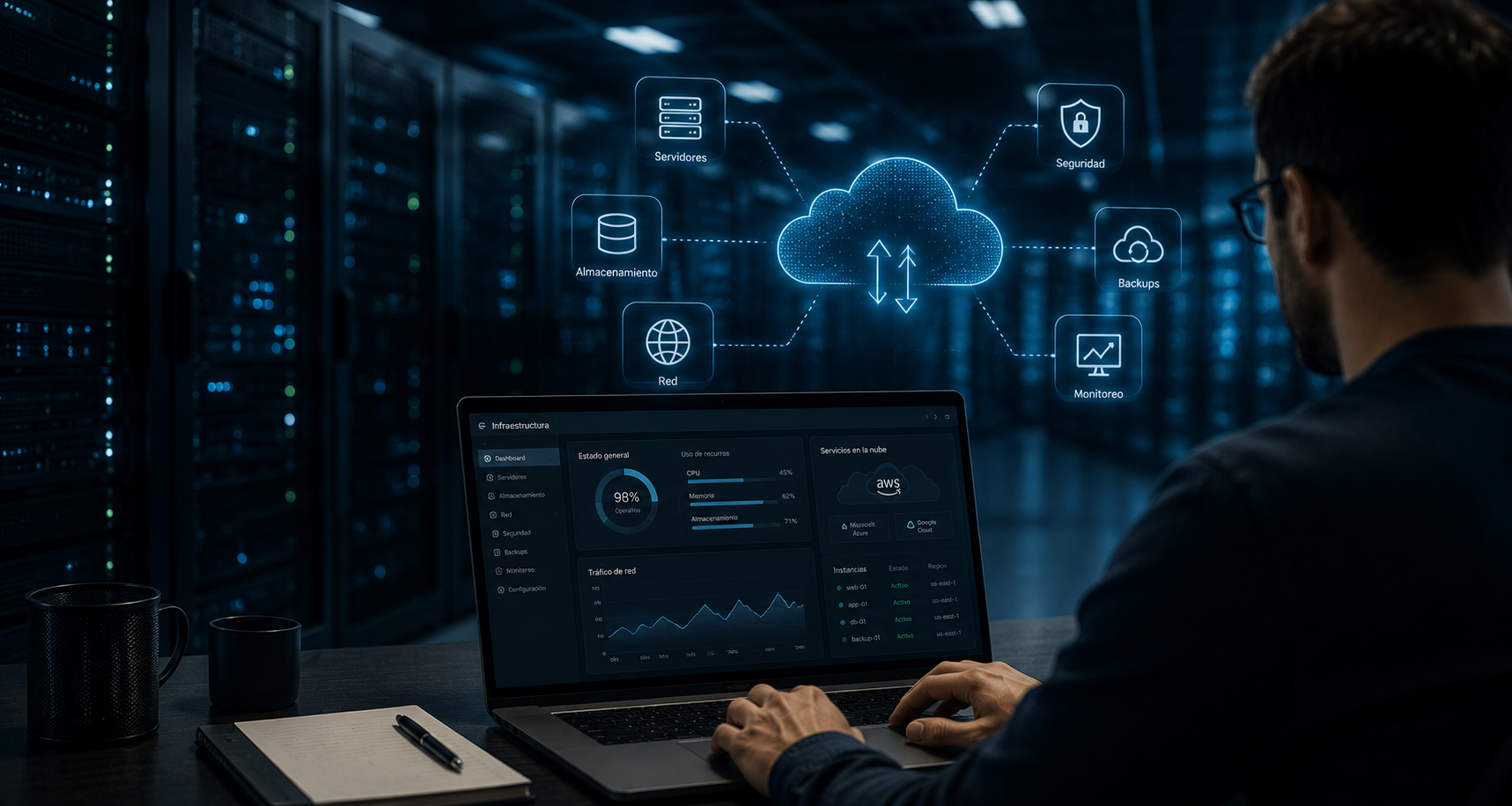 Servidores Linux, Docker, cloud híbrido y alta disponibilidad. Infraestructura para sistemas que no pueden caerse.
