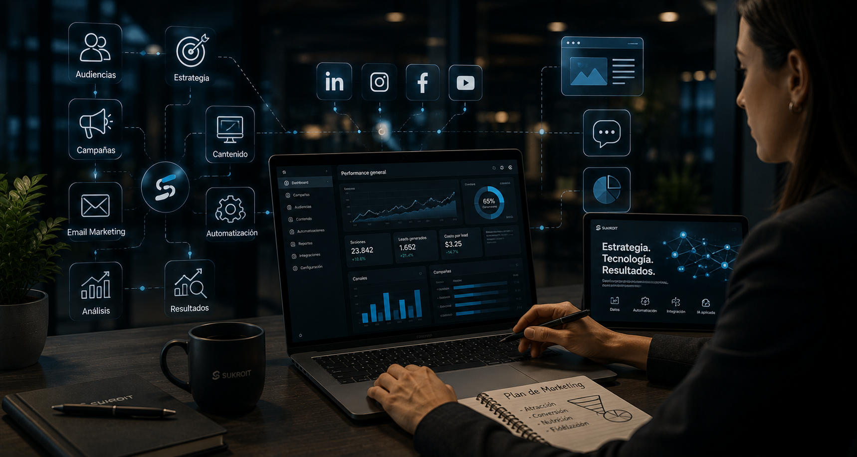 Implementación técnica de UTMs, atribución multicanal, integración de campañas con CRM y capacitación. Marketing que funciona de verdad.